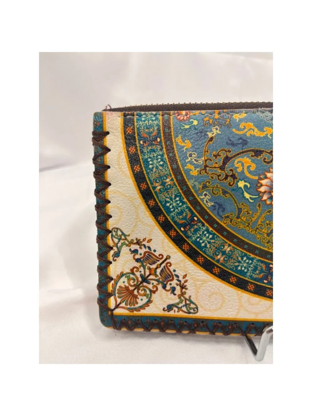 Boho Floral Medallion Wristlet Wallet Teal Cream Whipstitch Zip Organizer
